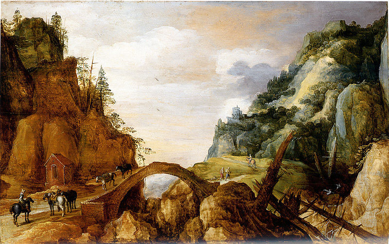 mountainous landscape with horsemen and travellers crossing a bridge.